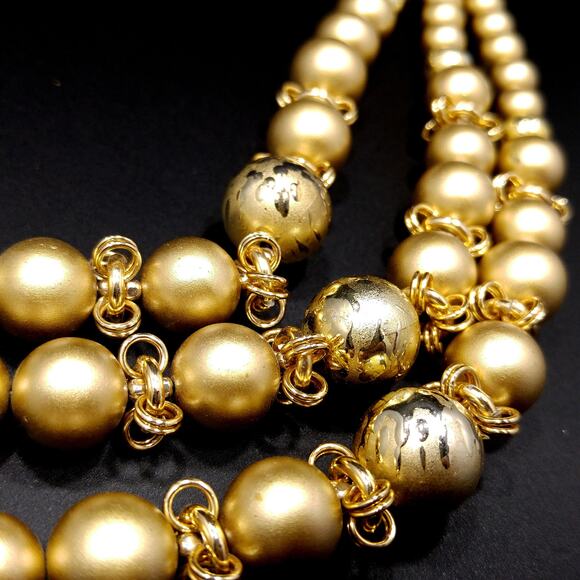 Vintage Japan Art Bead Gold Necklace, 3 Strands, 1950s, 18" - Picture 5 of 10